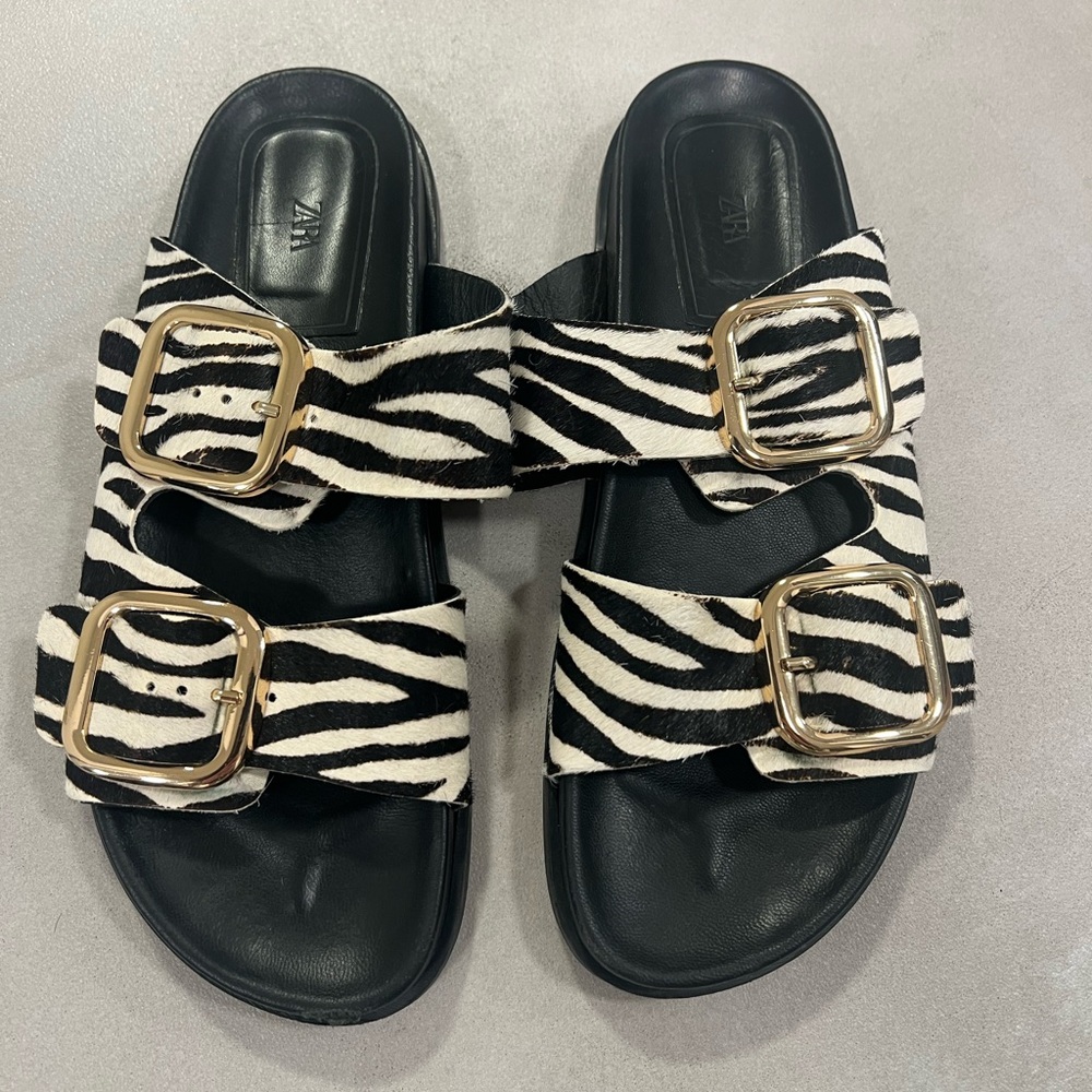 Zara Women’s Black and White Zebra Sandals with Gold Buckles